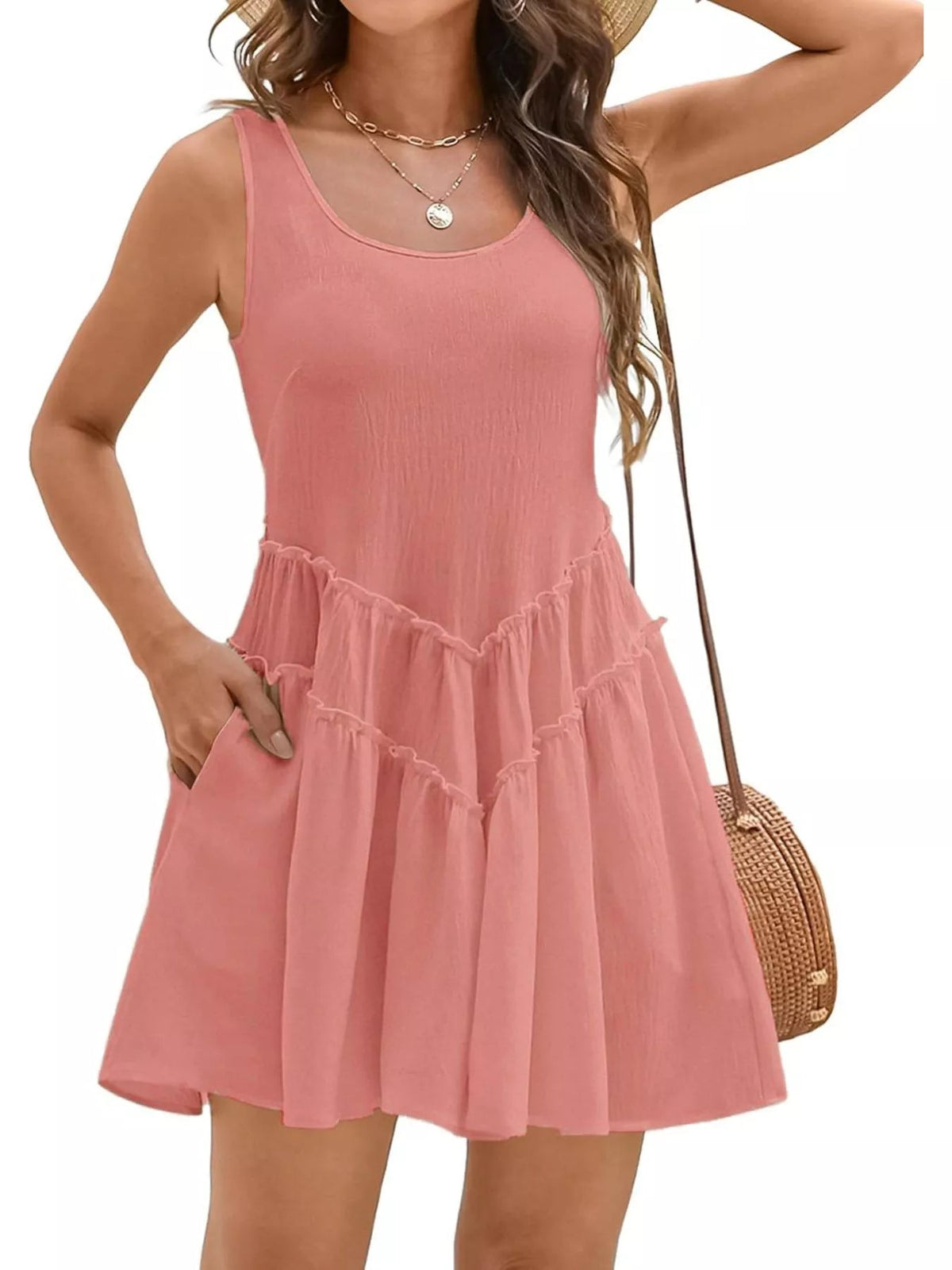 Women’s sleeveless round neck mini dress with pockets by Plush Fashion Hub, featuring a casual style and comfortable fit.