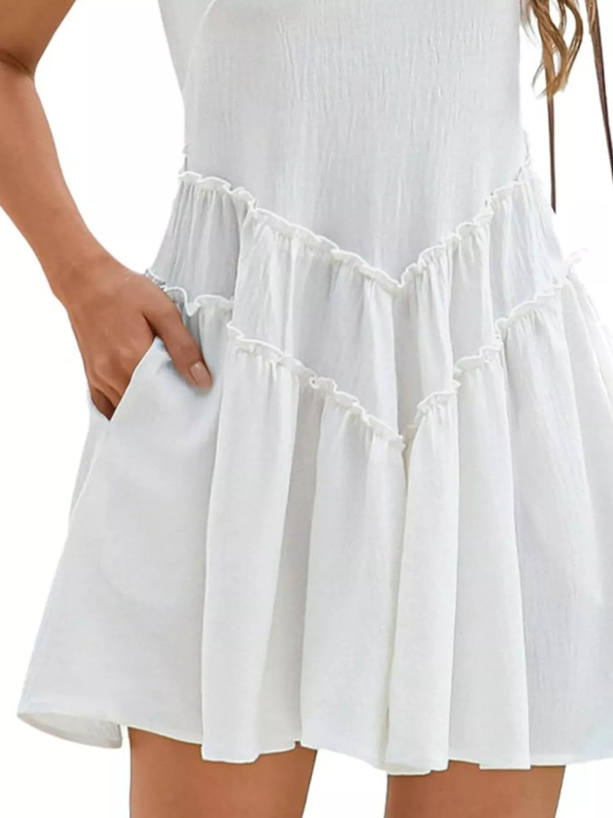 Women’s sleeveless round neck mini dress with pockets by Plush Fashion Hub, featuring a casual fit and stylish design.