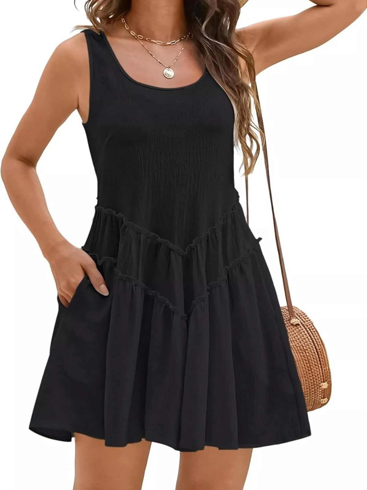 Women’s sleeveless round neck mini dress with pockets by Plush Fashion Hub, featuring a stylish fit and casual design.