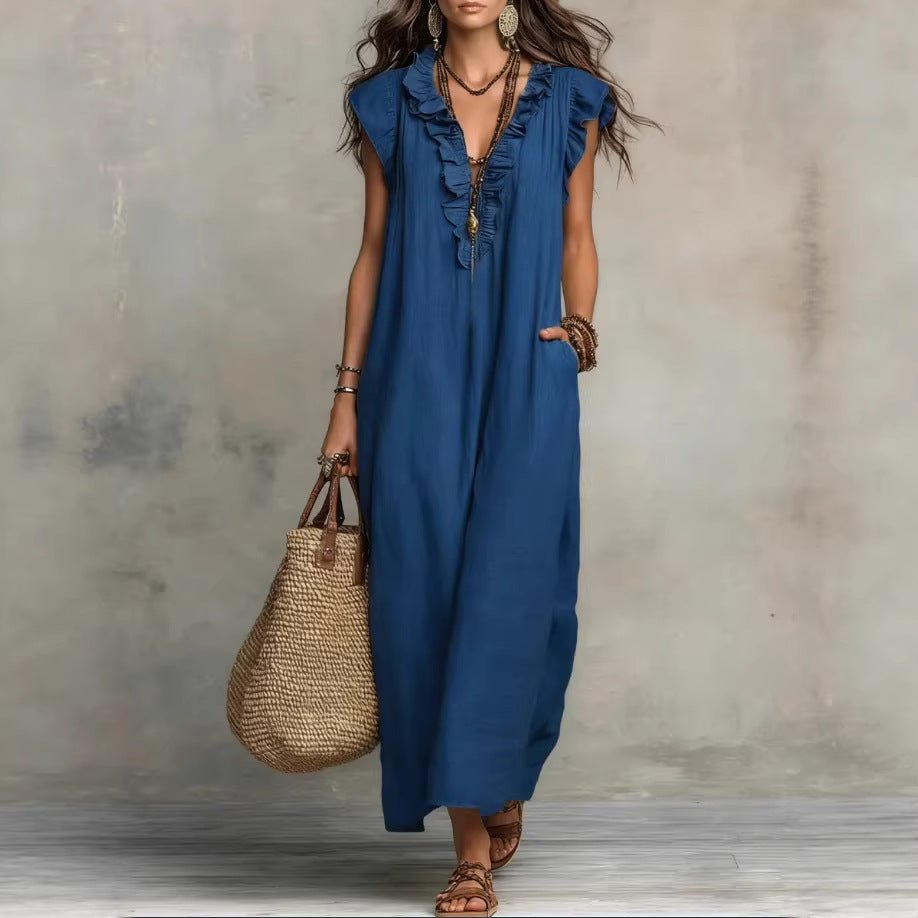 Women's sleeveless ruffle pocket maxi dress from Plush Fashion Hub, casualwear with flowing fabric and stylish ruffle details.