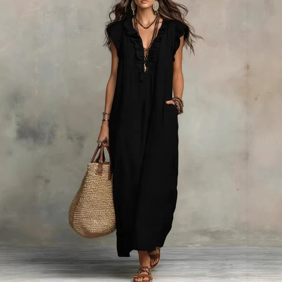 Women's sleeveless ruffle pocket maxi dress by Plush Fashion Hub, casualwear with flowing fabric and stylish ruffle details.