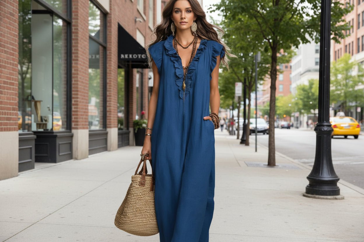 Women's sleeveless ruffle pocket maxi dress by Plush Fashion Hub, showing flowing fabric and stylish ruffle details.