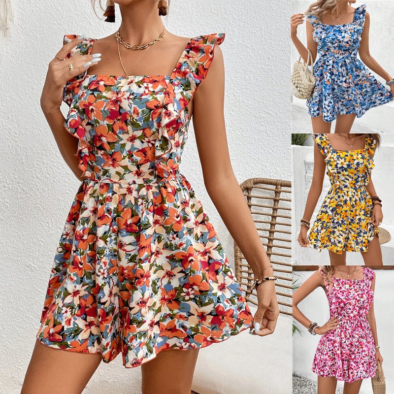 Women's sleeveless printed boho jumpsuit with square neckline, casual and stylish FitiqueFit romper for summer wear.