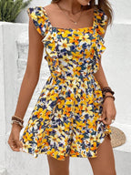 Women's sleeveless printed boho jumpsuit with square neckline, designed by FitiqueFit, featuring a stylish and comfortable fit.