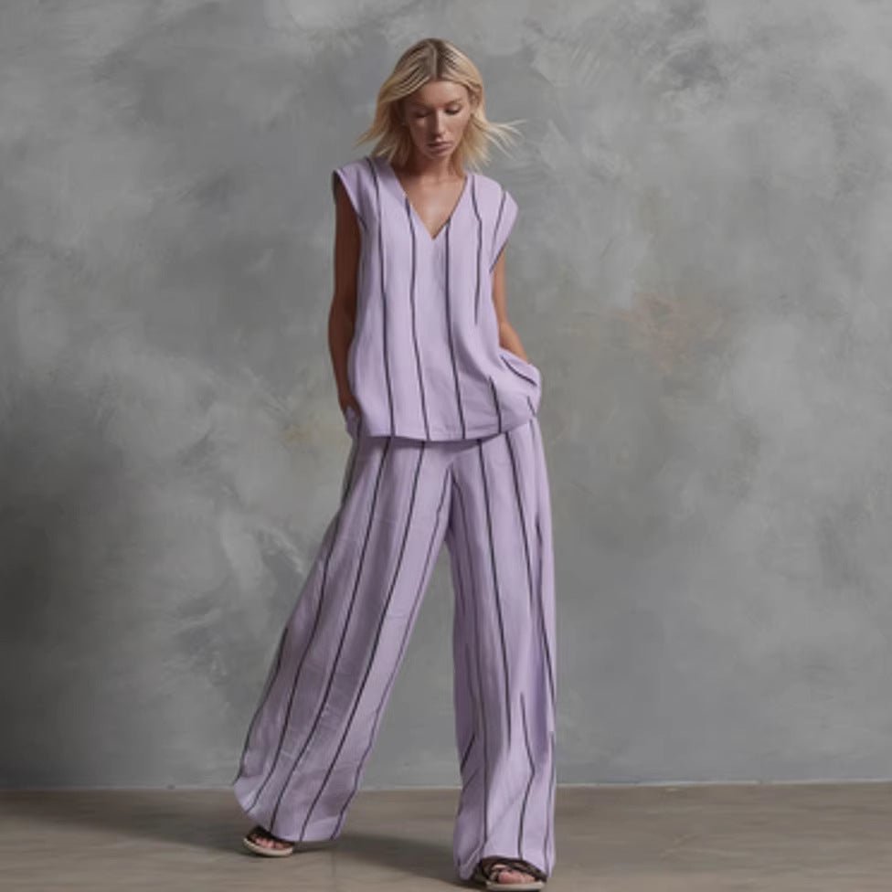 Women’s sleeveless striped top and full-length pants set by FitiqueFit, casualwear style, shown on a model.