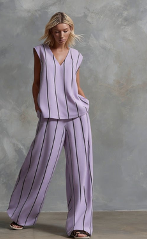Women's sleeveless striped top and full-length casual pants set by FitiqueFit, featuring a stylish, comfortable summer outfit.