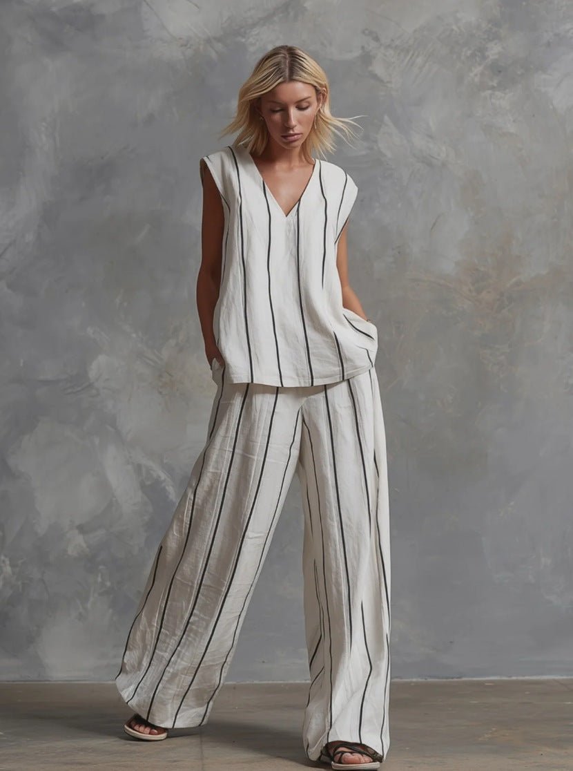 Women’s sleeveless striped top and full-length pants set by FitiqueFit, casualwear ensemble, shown in a stylish, comfortable outfit.