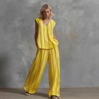 Women’s sleeveless striped top and full-length pants set by FitiqueFit, casualwear outfit with a stylish, relaxed fit.
