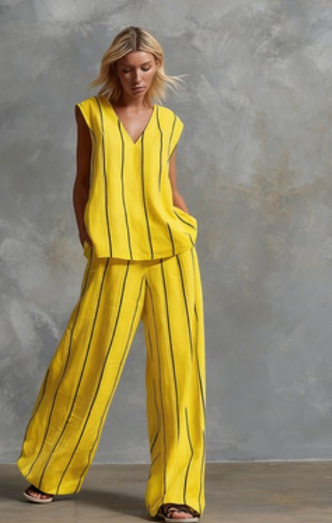 Women’s sleeveless striped top and full-length pants set by FitiqueFit, casualwear outfit with stylish vertical stripes.