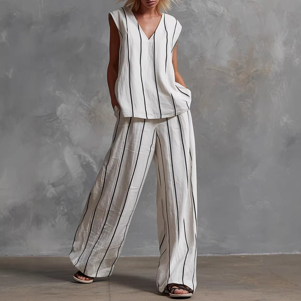 Women’s sleeveless striped top and full-length pants casualwear set by FitiqueFit, showcasing a stylish, comfortable summer outfit.