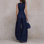Women's sleeveless striped wide-leg jumpsuit with pockets, casual FitiqueFit brand, perfect for warm weather and relaxed style.