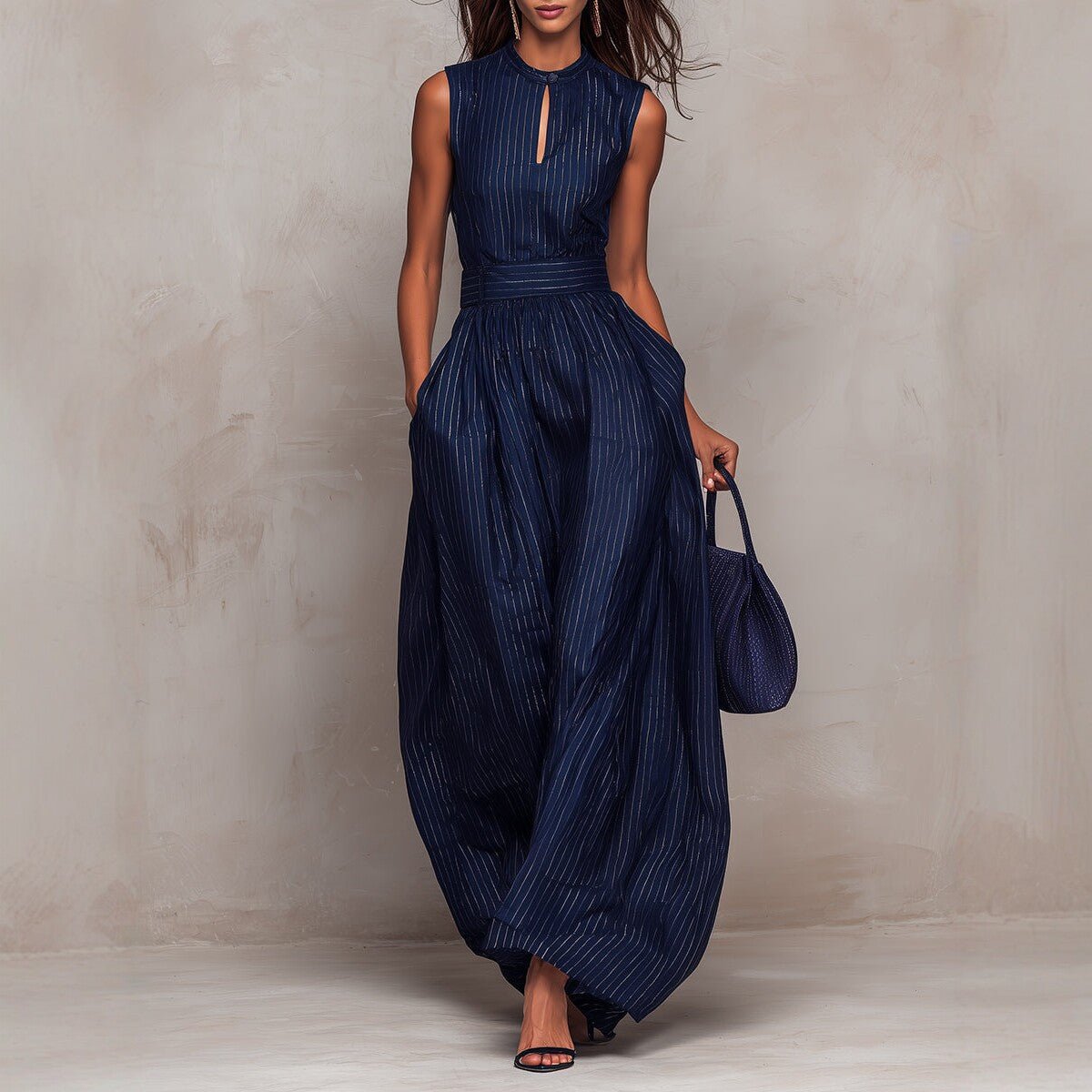 Women's sleeveless striped wide-leg jumpsuit with pockets by FitiqueFit, casualwear style, showcased on a model.