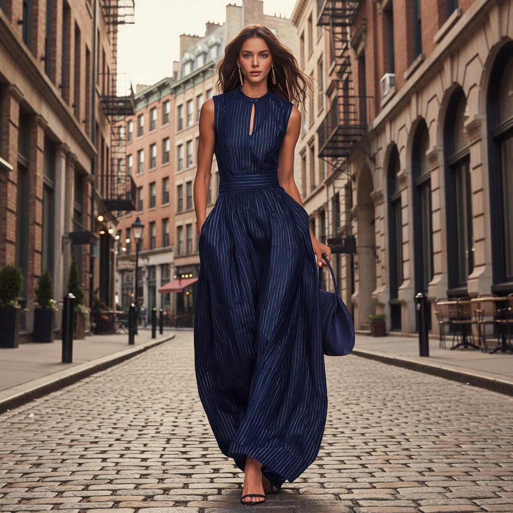Women's sleeveless striped wide-leg jumpsuit with pockets from FitiqueFit, casualwear style, shown on a model.