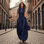 Women's sleeveless striped wide-leg jumpsuit with pockets from FitiqueFit, casualwear style, shown on a model.