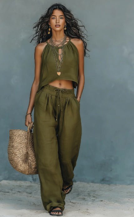 Women's linen blend sleeveless tank top and wide-leg pants set, casual summer two-piece outfit from Plush Fashion Hub.