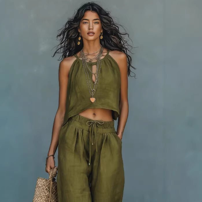Women's linen blend sleeveless tank top and wide-leg pants set, casual summer two-piece outfit from Plush Fashion Hub.