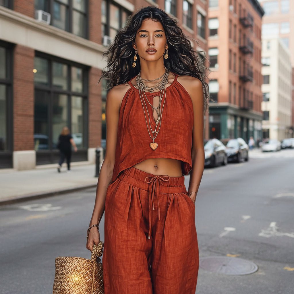 Women's sleeveless linen-blend tank top and wide-leg pants set, casual summer two-piece outfit, comfortable and stylish.