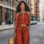 Women's sleeveless linen-blend tank top and wide-leg pants set, casual summer two-piece outfit, comfortable and stylish.