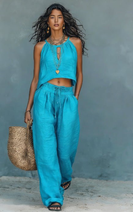 Women's linen blend sleeveless tank top and wide-leg pants set, casual summer two-piece outfit with relaxed fit and breathable fabric.