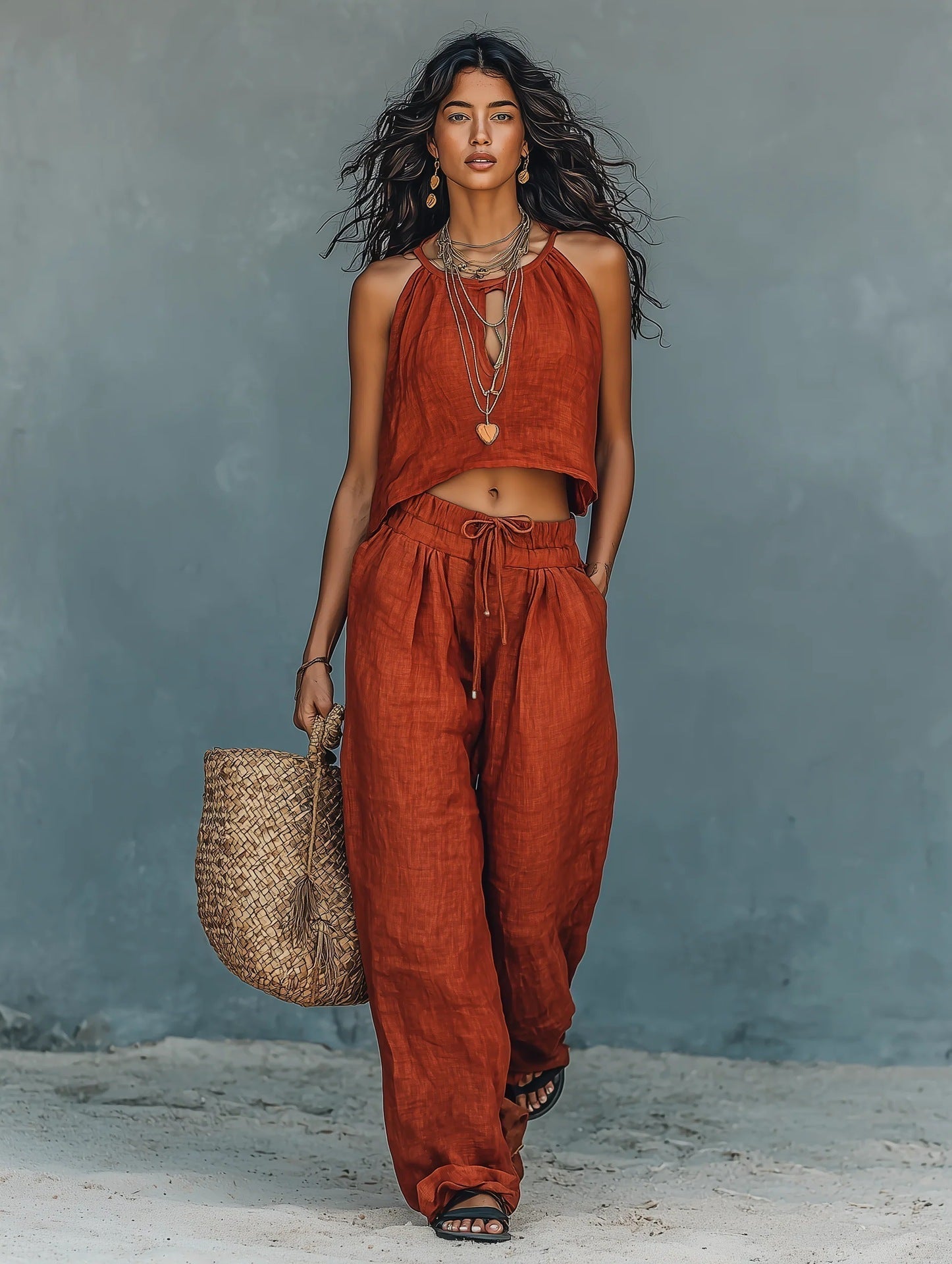Women’s linen blend sleeveless tank top and wide-leg pants set, casual summer two-piece outfit by Plush Fashion Hub.