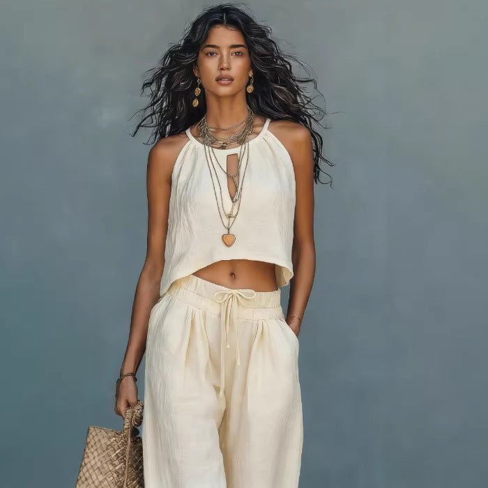 Women's linen blend sleeveless tank top and wide-leg pants set, casual summer two-piece outfit with relaxed fit and breathable fabric.