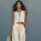Women's linen blend sleeveless tank top and wide-leg pants set, casual summer two-piece outfit with relaxed fit and breathable fabric.