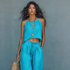 Women's sleeveless linen blend tank top and wide-leg pants set, casual summer two-piece outfit from Plush Fashion Hub.