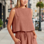 Women's sleeveless top and wide-leg shorts set by FitiqueFit, featuring retro street style casualwear with vibrant, fashionable design.