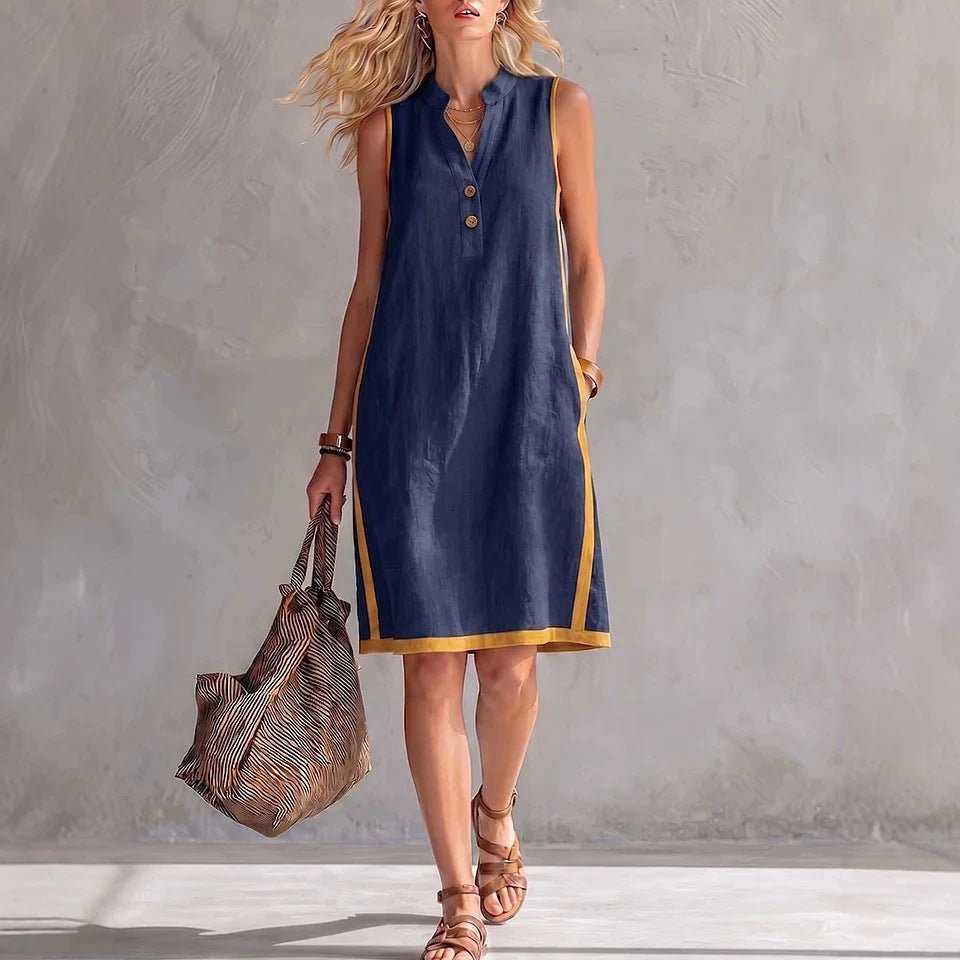 Women's sleeveless V-neck button-front A-line midi dress with pockets by FitiqueFit, perfect casualwear for warm weather.