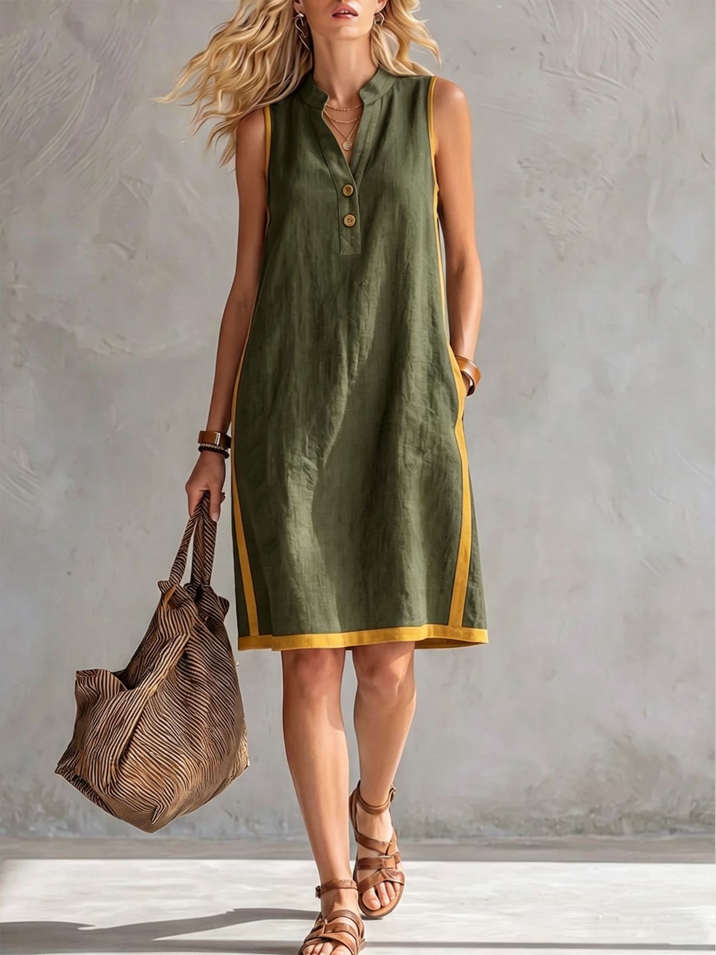 Women's sleeveless V-neck button-front A-line midi dress with front pockets in casualwear style by FitiqueFit.