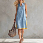 Women's sleeveless V-neck A-line midi dress with button-front and pockets from FitiqueFit, perfect casualwear for warm days.