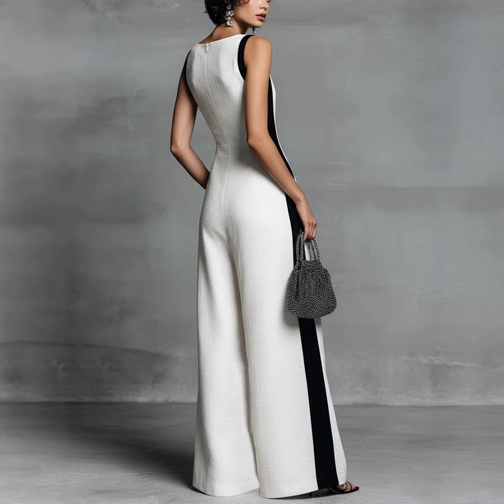 Women's sleeveless V-neck contrast color wide-leg jumpsuit by FitiqueFit, shown in a casualwear style with relaxed fit and stylish design.