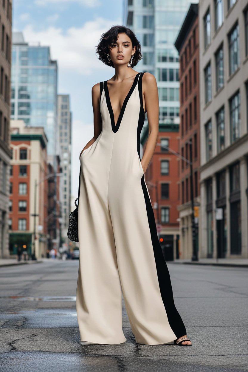 Women’s sleeveless V-neck contrast color wide-leg jumpsuit by FitiqueFit, showcasing a casualwear jumpsuit with a relaxed fit and stylish design.