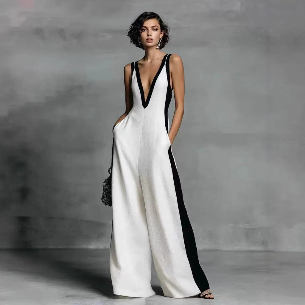 Women's sleeveless V-neck contrast color wide-leg jumpsuit by FitiqueFit, casualwear with a stylish V-neck and relaxed fit.