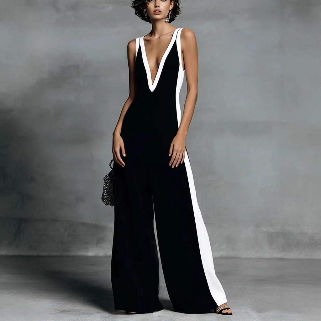 Women’s sleeveless V-neck contrast color wide-leg jumpsuit by FitiqueFit, featuring a relaxed casualwear style and flowy wide-leg design.