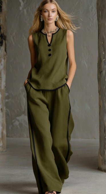 Women’s sleeveless V-neck wide-leg pants set by FitiqueFit, featuring a casual, stylish two-piece outfit with relaxed fit and comfortable fabric.