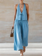 Women's sleeveless vest and wide-leg pants set by FitiqueFit, featuring lace-up details in a casualwear 2-piece outfit.