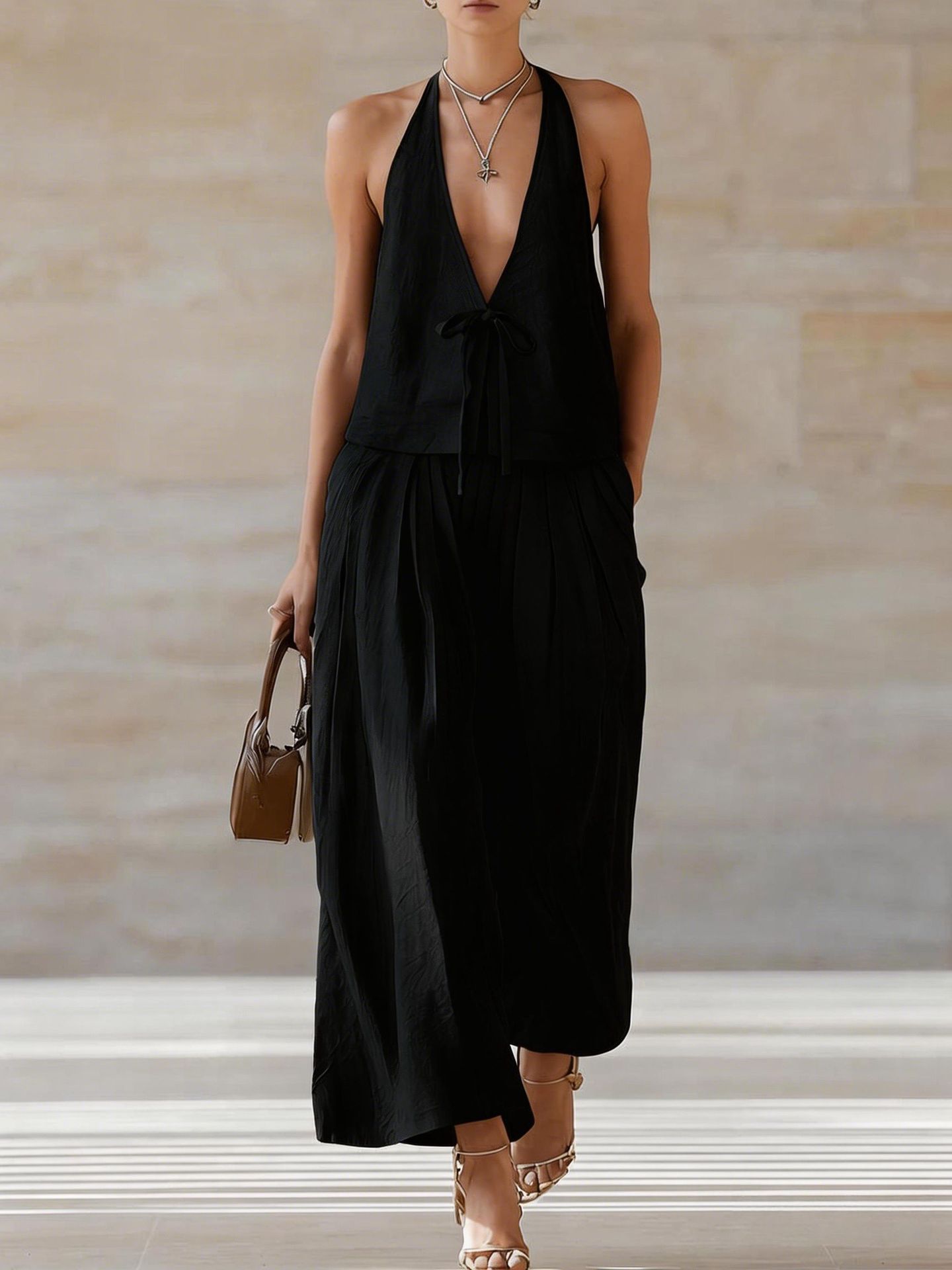 Women's sleeveless vest and wide-leg pants set by FitiqueFit, casualwear with lace-up details, stylish 2-piece outfit.