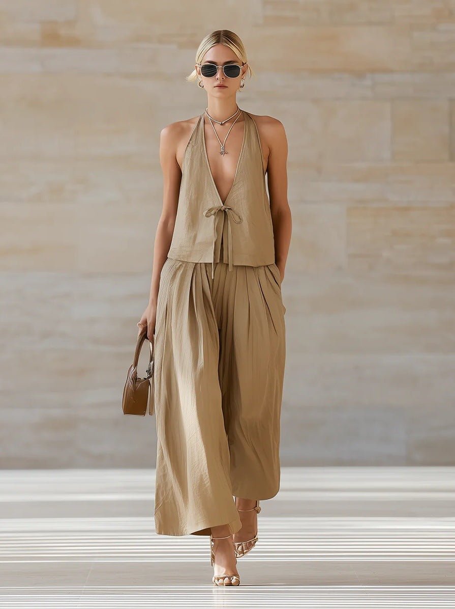 Women's sleeveless vest and wide-leg pants set by FitiqueFit, featuring a lace-up design, perfect for casualwear.