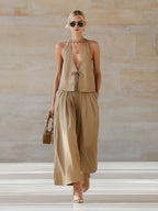 Women's sleeveless vest and wide-leg pants set by FitiqueFit, featuring a lace-up design, perfect for casualwear.