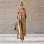 Women's sleeveless vest and wide-leg pants set from FitiqueFit, featuring a lace-up casualwear 2-piece outfit.