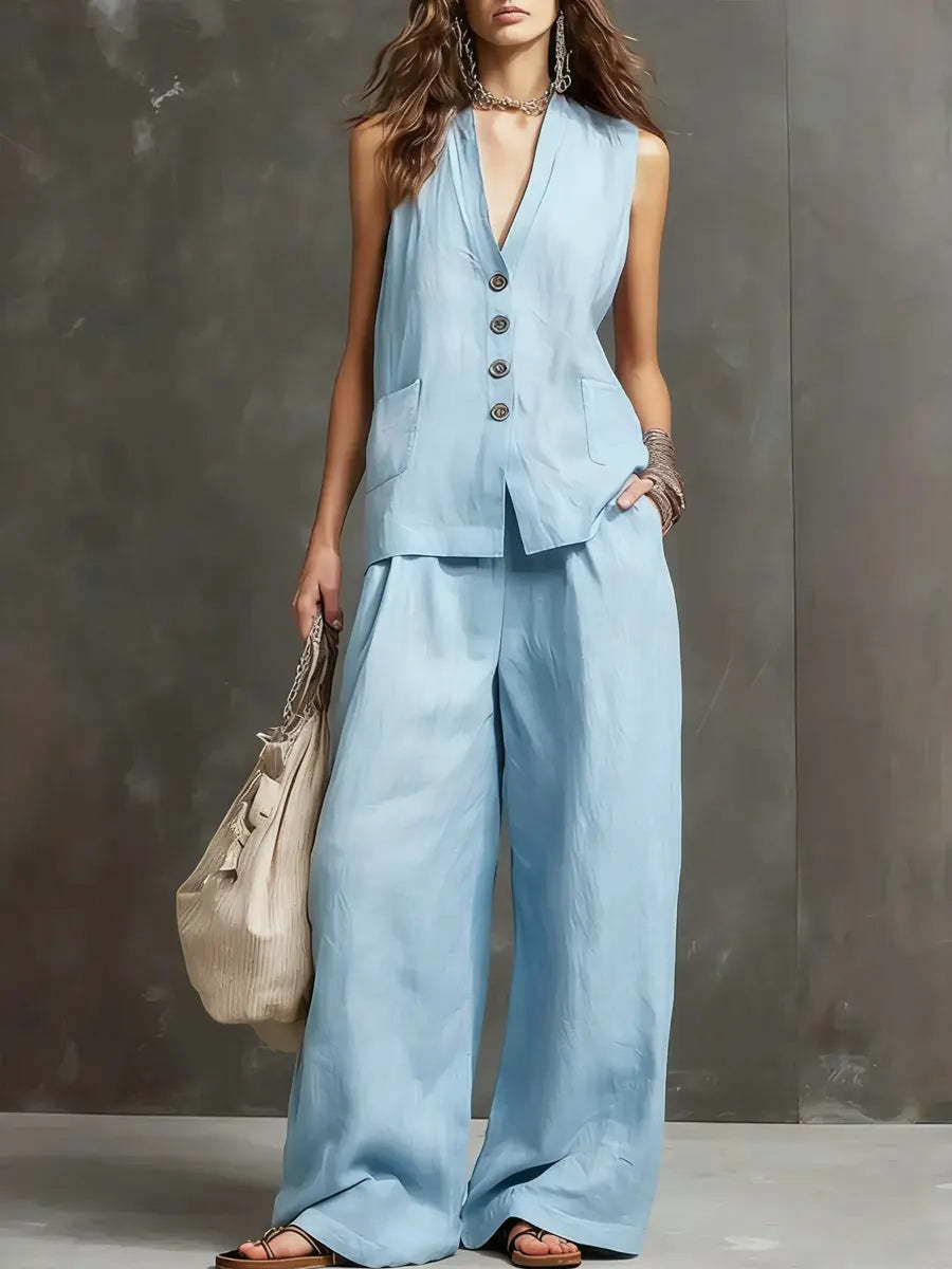 Women's sleeveless vest and wide-leg pants two-piece set in multiple colors, casualwear by FitiqueFit, available in XS to 3XL.