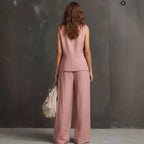Women's sleeveless vest and wide-leg pants casualwear two-piece set by FitiqueFit in 10 colors, featuring stylish, comfortable fit.