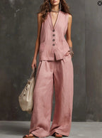Women's sleeveless vest and wide-leg pants two-piece set by FitiqueFit, available in 10 colors, casualwear outfit in XS–3XL.