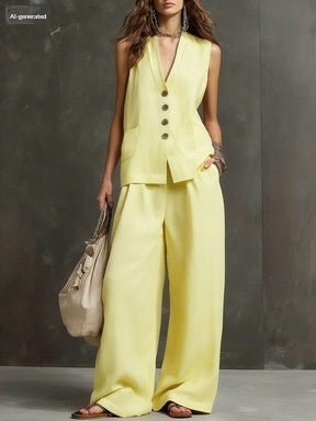 Women's sleeveless vest and wide-leg pants casualwear set by FitiqueFit, available in 10 colors, size XS to 3XL.