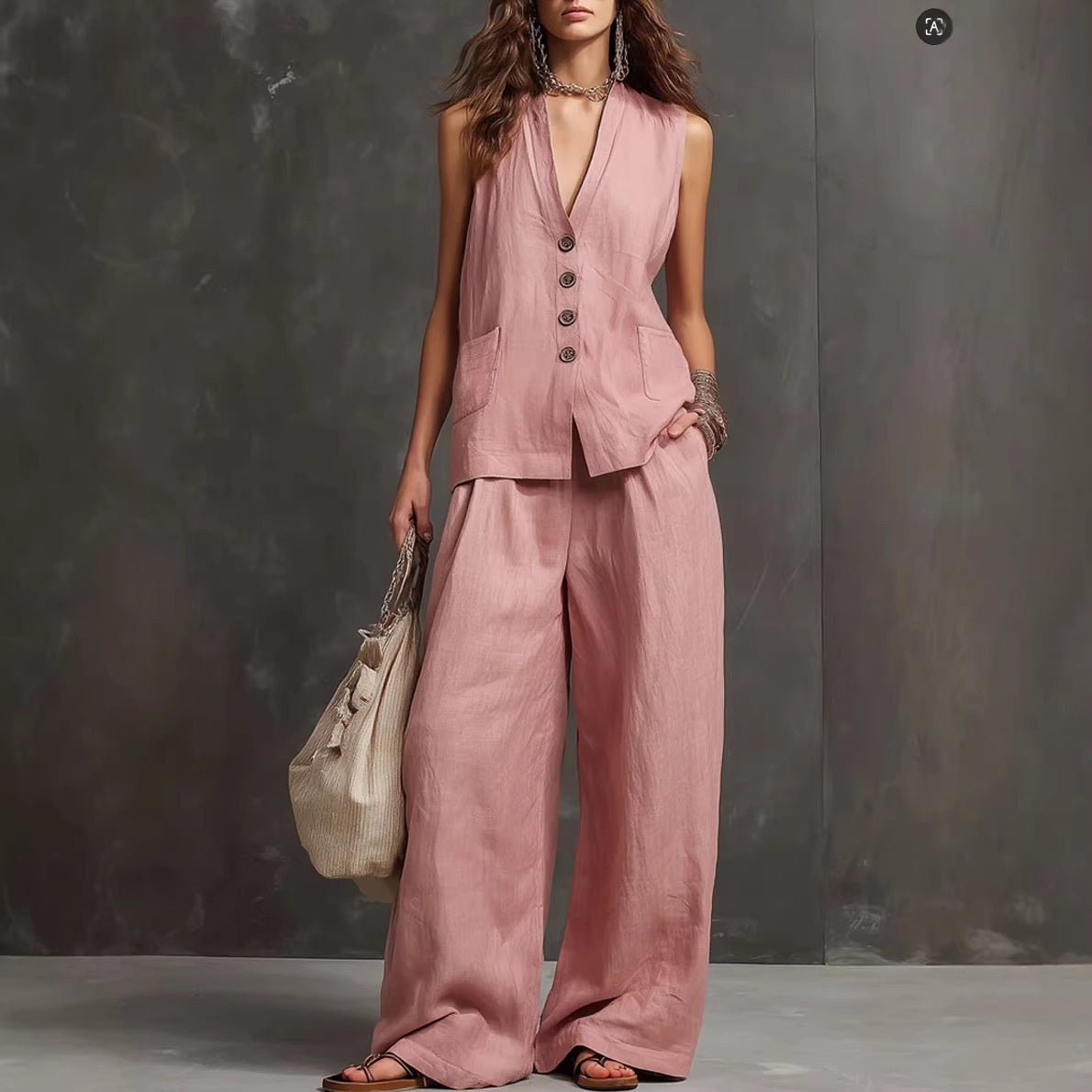 Women's sleeveless vest and wide-leg pants casualwear set by FitiqueFit in 10 colors, available in XS to 3XL.
