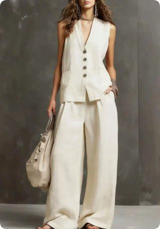 Women's sleeveless vest and wide-leg pants two-piece casualwear set by FitiqueFit in multiple colors, available in XS to 3XL.
