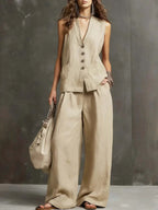 Women's sleeveless vest and wide-leg pants two-piece casualwear set by FitiqueFit in multiple colors, available in XS to 3XL.