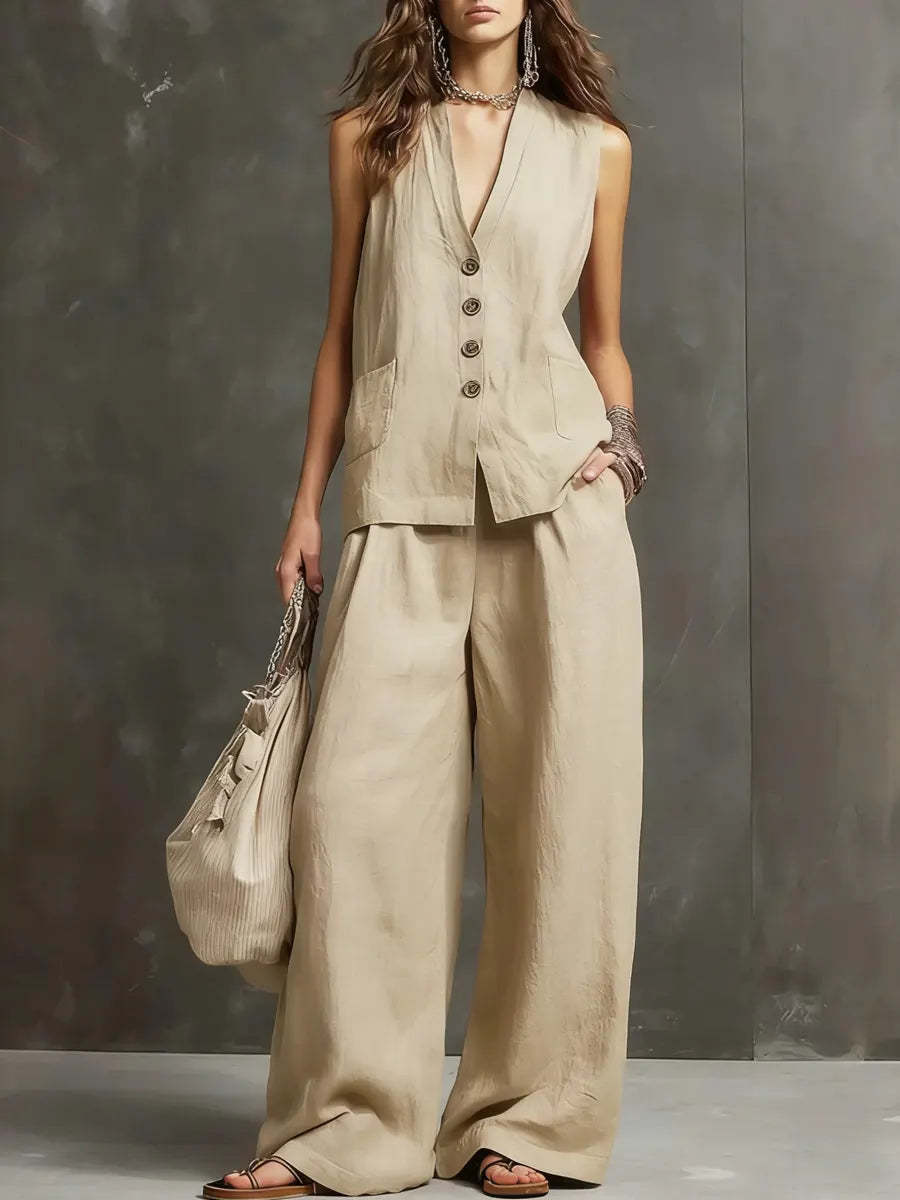 Women's sleeveless vest and wide-leg pants two-piece casualwear set by FitiqueFit in multiple colors, available in XS to 3XL.
