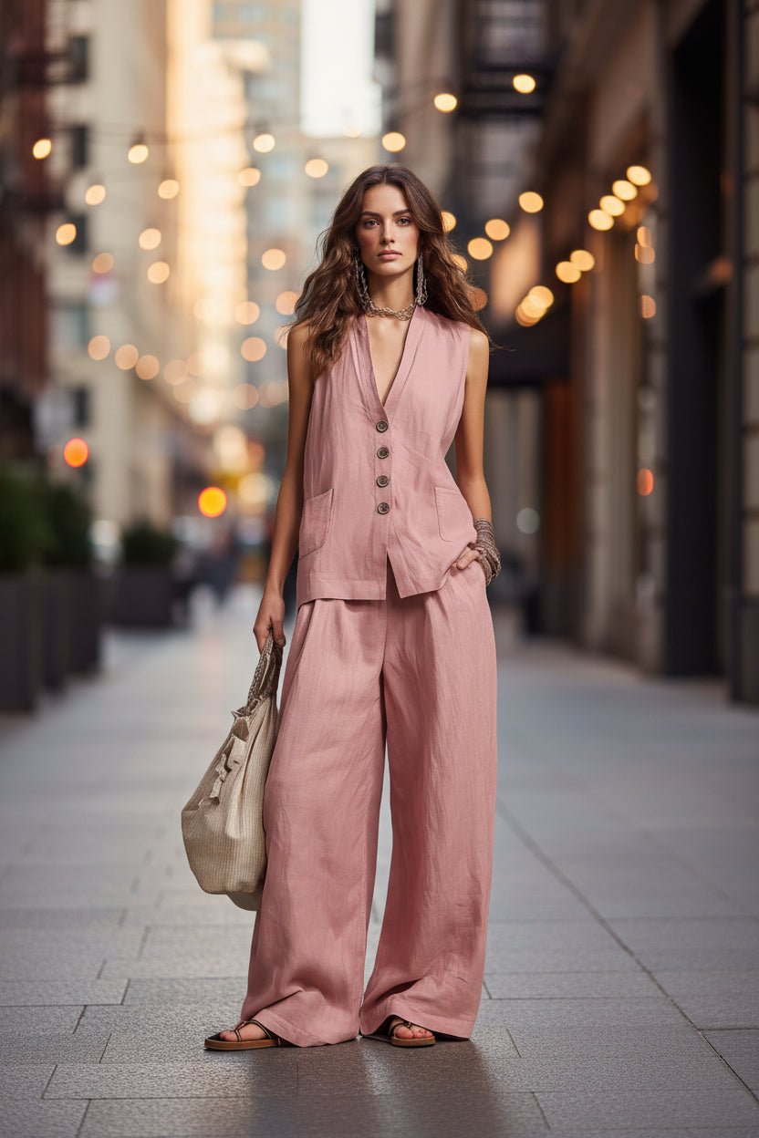 Women's sleeveless vest and wide-leg pants two-piece casualwear set in multiple colors by FitiqueFit, shown in a stylish relaxed fit.